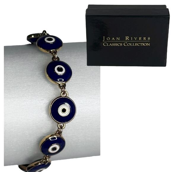 Joan Rivers Evil Eye Bracelet 7" Blue White Enamel Gold Link Chain Signed Box - Picture 1 of 7
